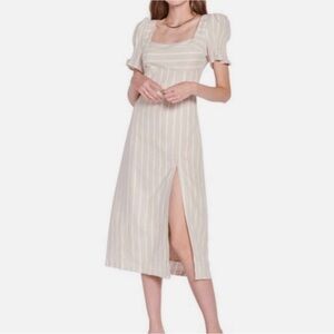 Anthropologie En Saison Leg Slit Puff Sleeve Linen Striped Midi Dress Small